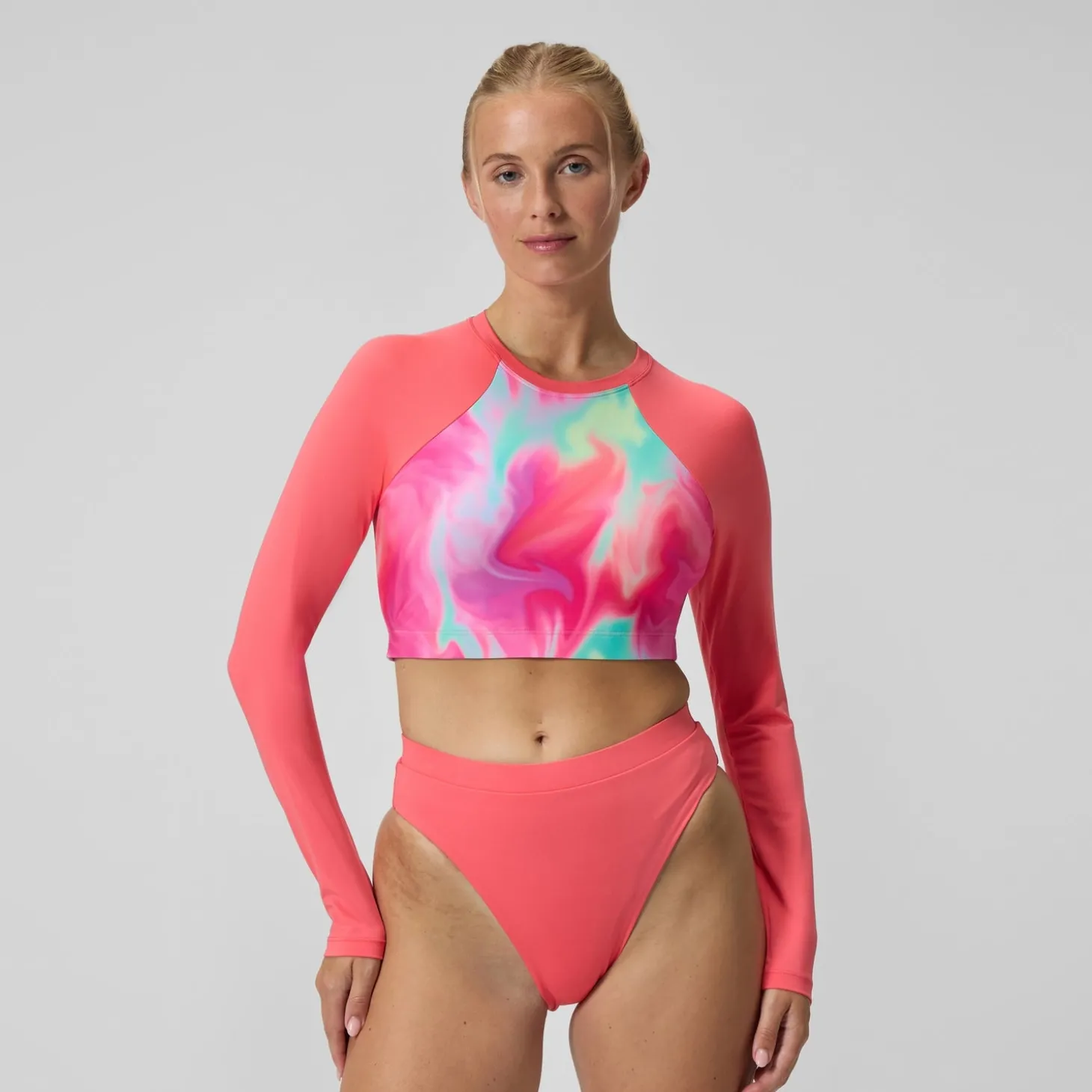 Best Haut de bikini Femme FLU3NTE à manches longues imprimé rose/corail Femme Maillots 2 Pièces