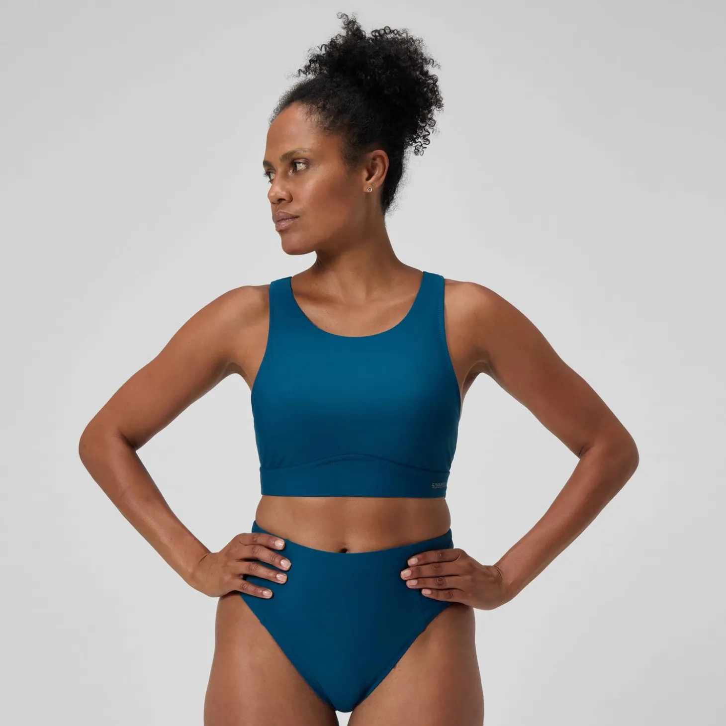 Discount Haut de bikini Femme Solid à col haut avec mesh sarcelle foncé Femme Maillots 2 Pièces