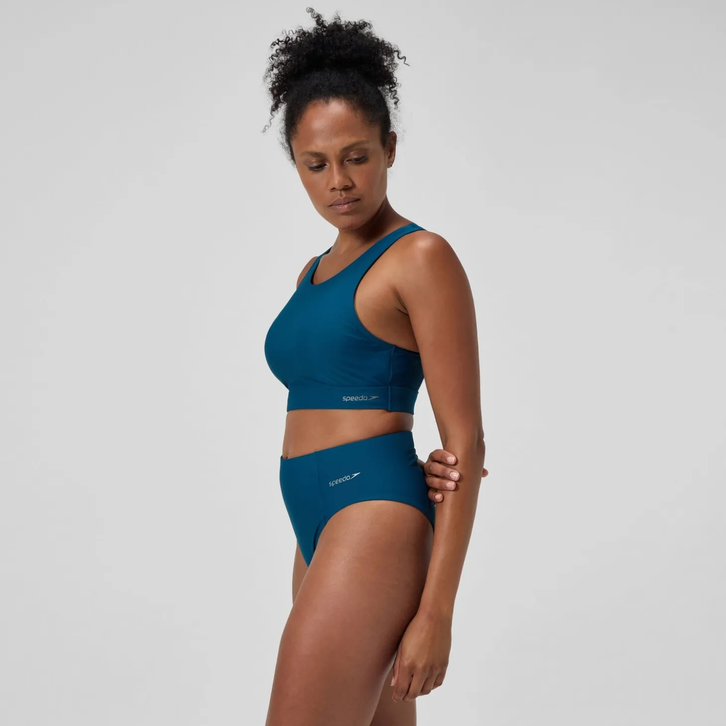 Discount Haut de bikini Femme Solid à col haut avec mesh sarcelle foncé Femme Maillots 2 Pièces