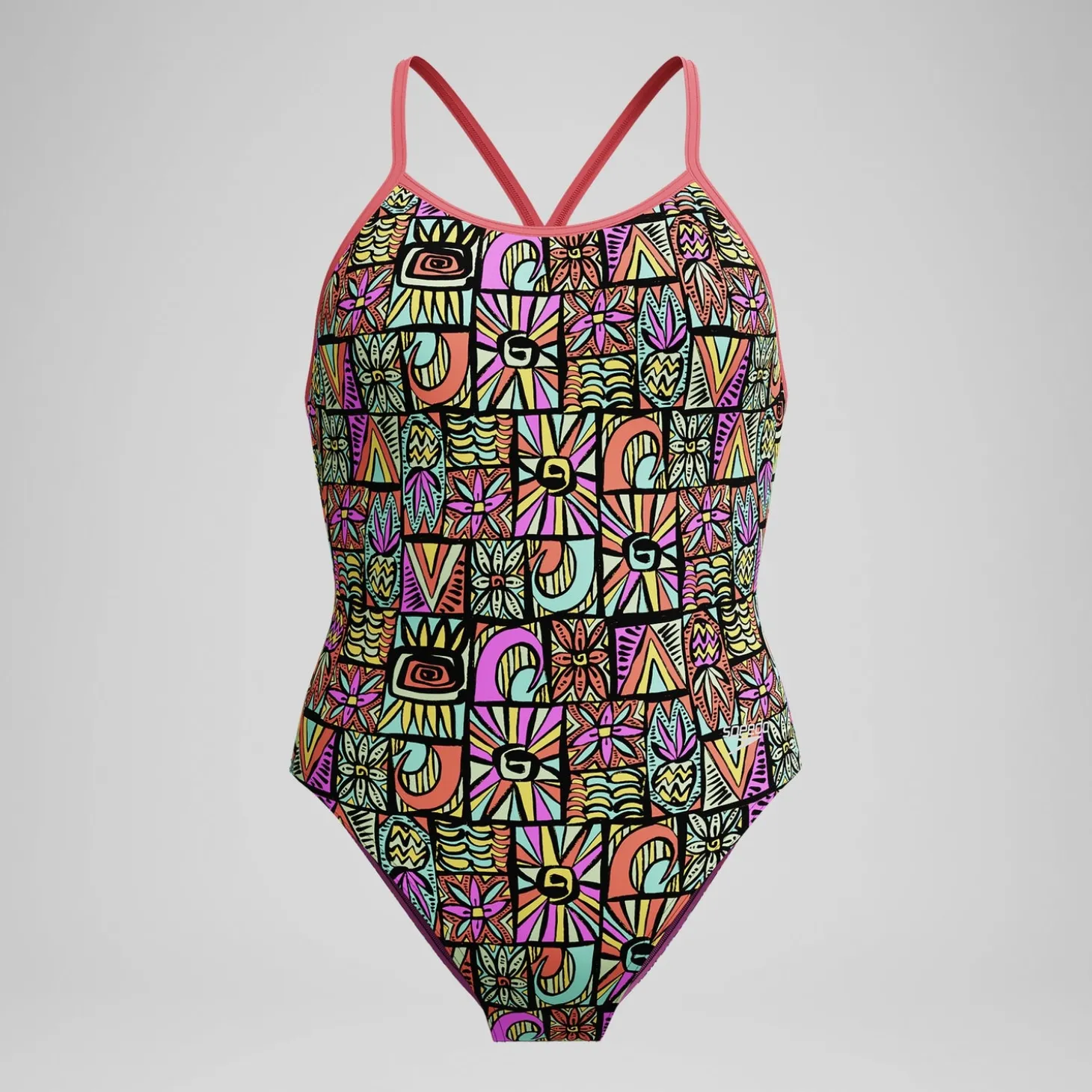 New Maillot de bain Fille Club Training dos en V imprimé noir/corail Enfant Maillots De Bain