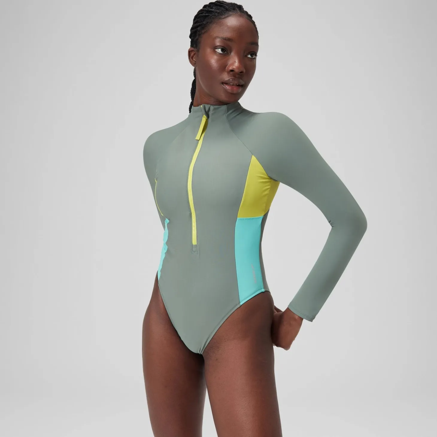 Discount Maillot de bain zippé à manches longues Colorblock Femme vert Femme Maillots 1 Pièce
